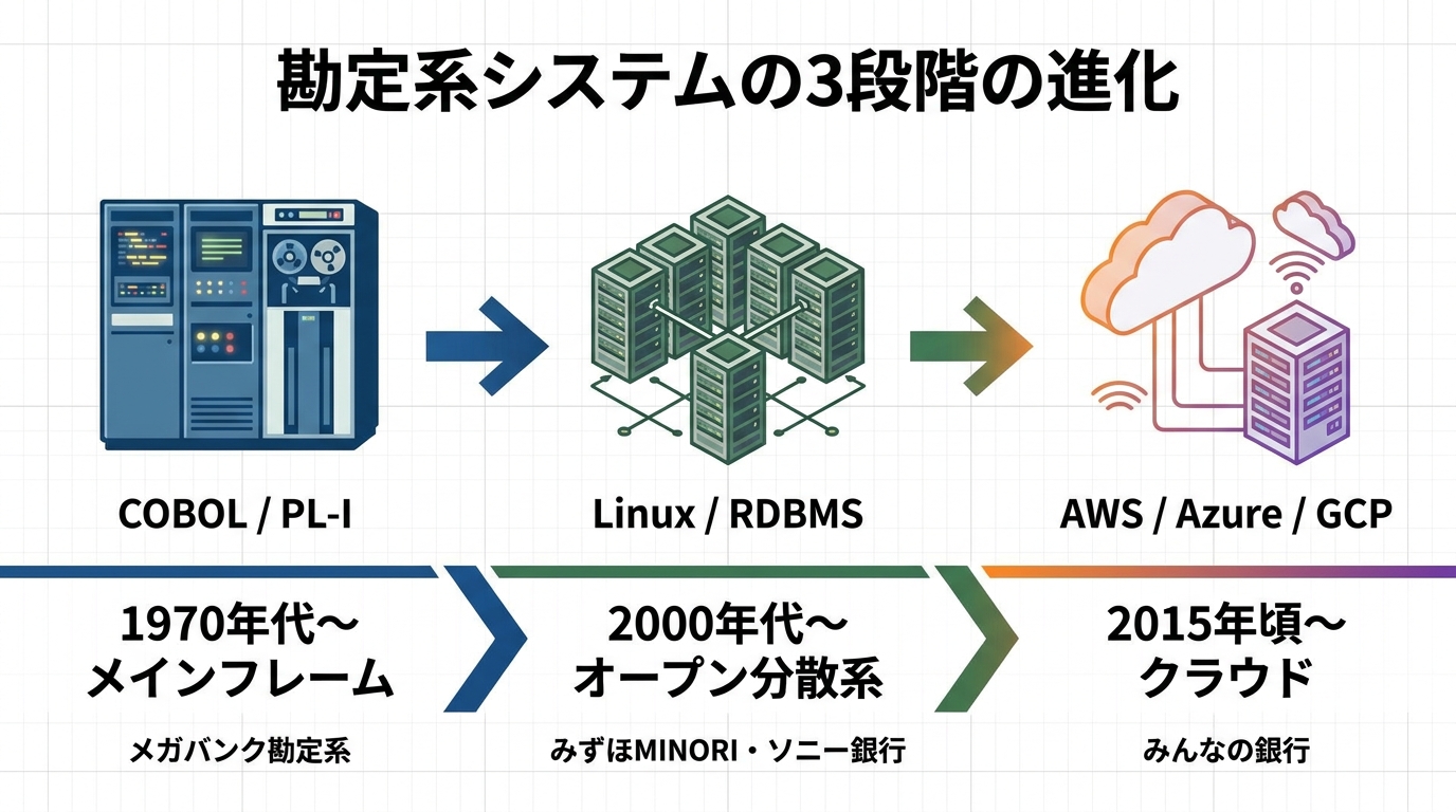 勘定系システムの3段階の進化（メインフレーム→オープン分散系→クラウド）