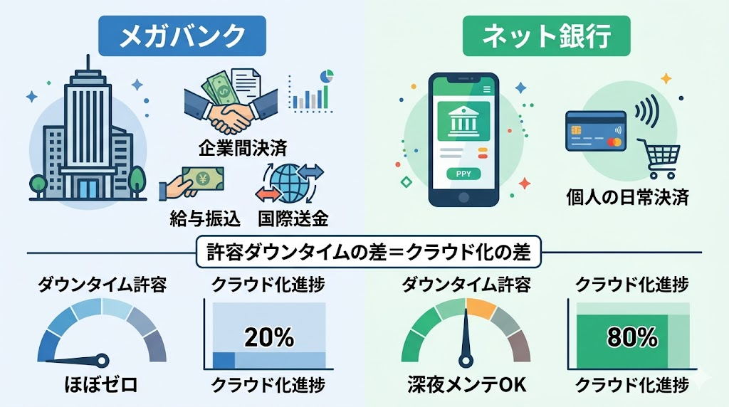 メガバンクとネット銀行のクラウド化の差：メガバンクは企業間決済・給与振込・国際送金を抱えダウンタイム許容はほぼゼロでクラウド化進捗は20%、ネット銀行は個人の日常決済中心で深夜メンテナンスを許容しクラウド化進捗は80%