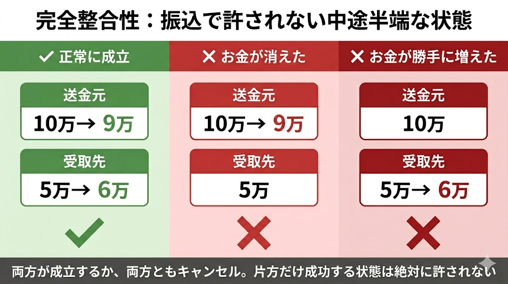 完全整合性：振込で許されない中途半端な状態を示す3パネル比較図。左は正常成立（送金元10万→9万、受取先5万→6万）、中央は送金元の減額だけ成功して受取先が増えない『お金が消えた』状態、右は送金元が減らないまま受取先だけ増える『お金が勝手に増えた』状態。両方が成立するか両方ともキャンセルするしかなく、片方だけ成功する状態は絶対に許されないことを示す図
