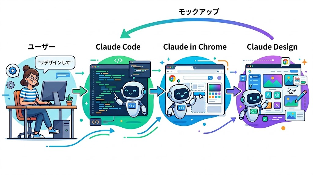 私→Claude Code→Claude in Chrome→Claude Designの役割分担フロー図