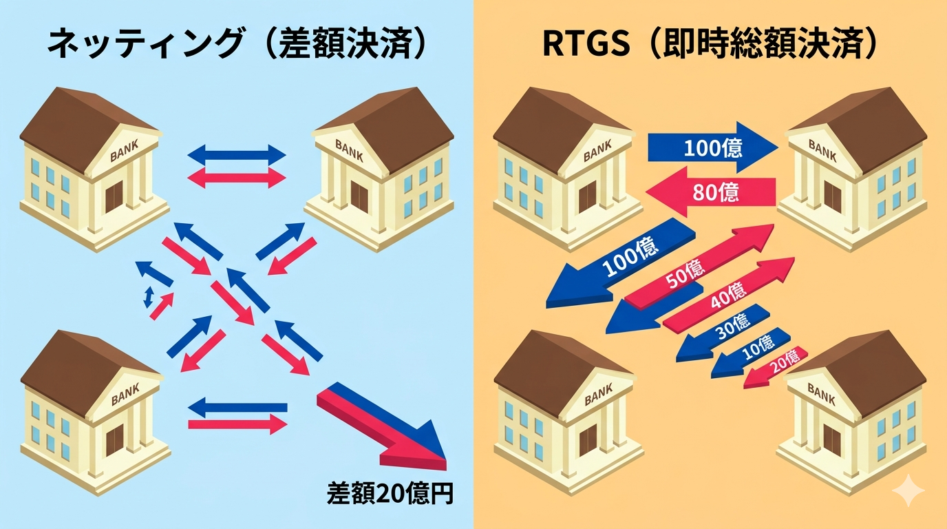 ネッティング（差額決済）とRTGS（即時総額決済）の方式比較