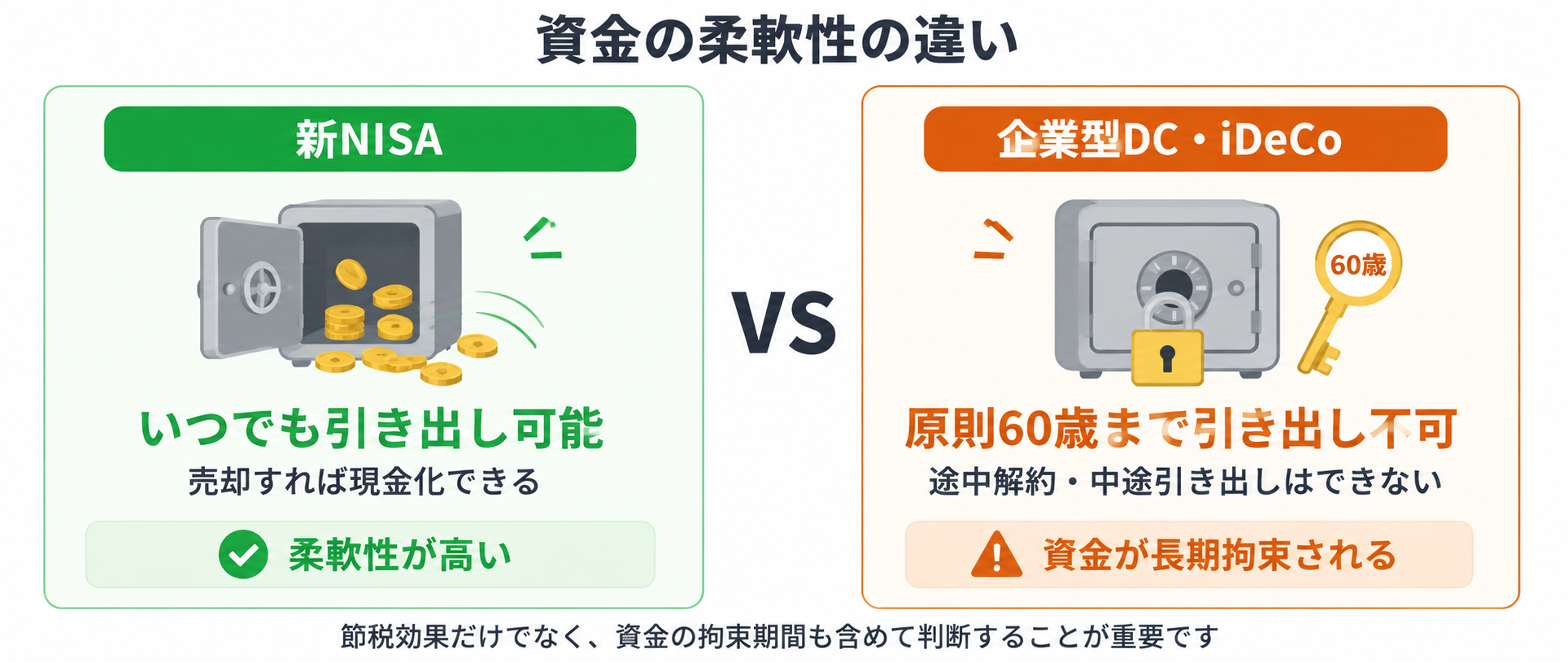 資金の柔軟性の違い：新NISAはいつでも引き出し可能、企業型DC・iDeCoは原則60歳まで引き出し不可
