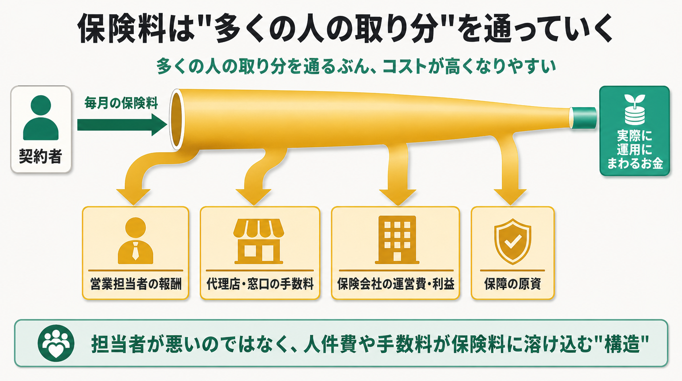 保険料は営業担当者の報酬・代理店や窓口の手数料・保険会社の運営費や利益・保障の原資といった多くの取り分を通り、実際に運用にまわるお金は細くなるという収益構造の図
