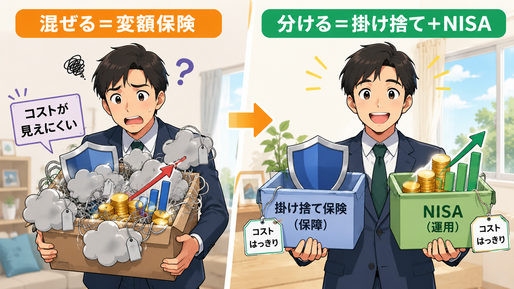 混ぜる（変額保険）はコストが見えにくく、分ける（掛け捨て保険＋NISA）はそれぞれのコストがはっきり見える、という対比のイラスト