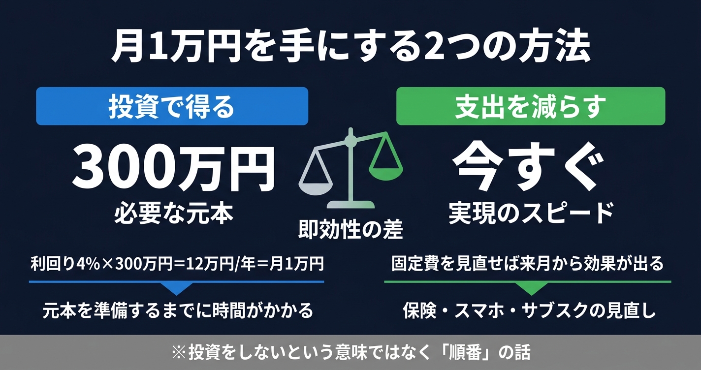 月1万円の配当を得るために必要な元本と、月1万円の支出削減の即効性を比較する図