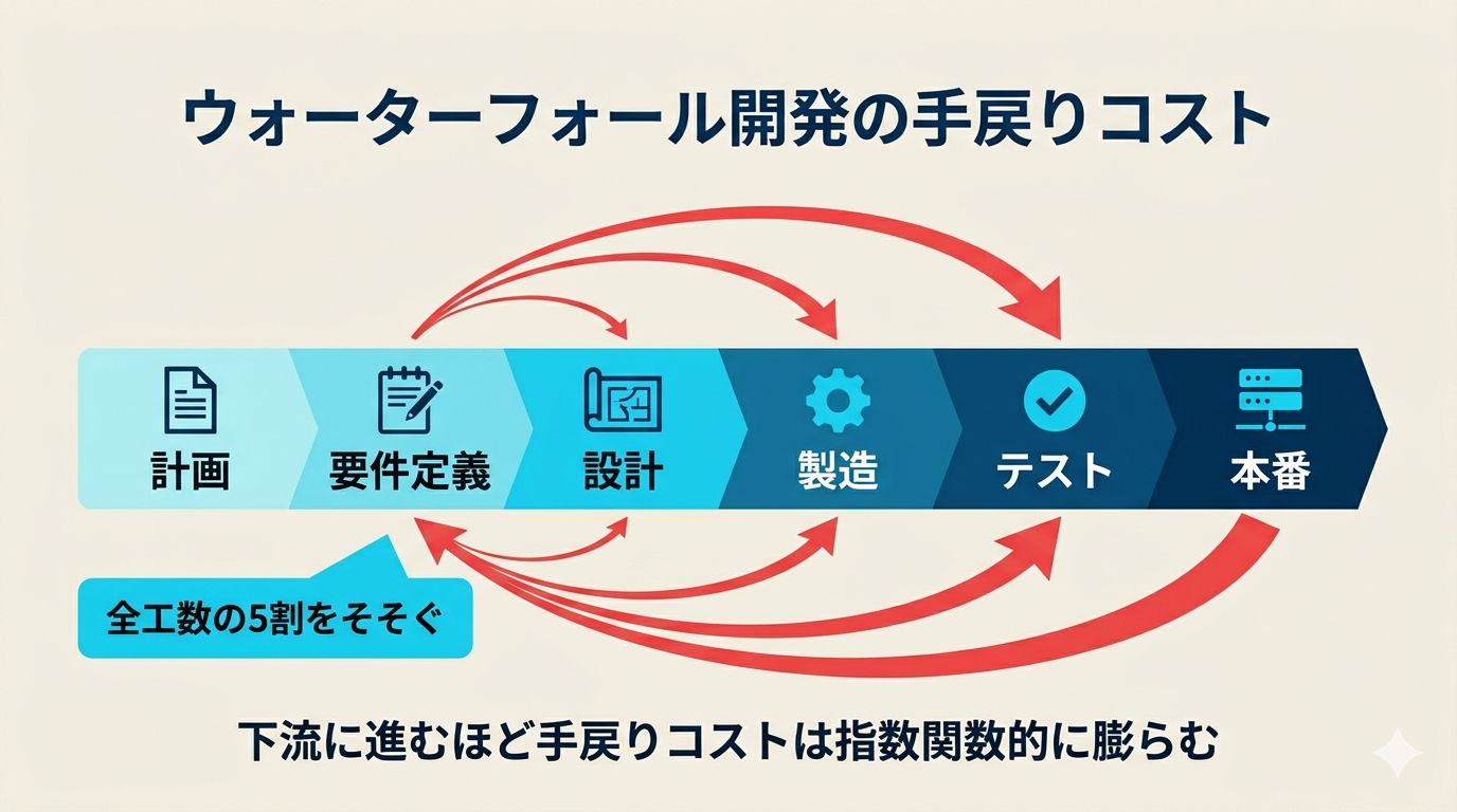 ウォーターフォール開発の手戻りコスト——計画・要件定義・設計・製造・テスト・本番と工程が進むほど、要件定義に戻る手戻り矢印が太くなる（コストが指数関数的に膨らむ）ことを示した図