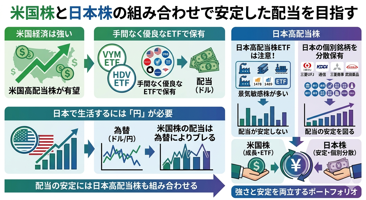 米国株と日本株の組み合わせで安定した配当を目指す