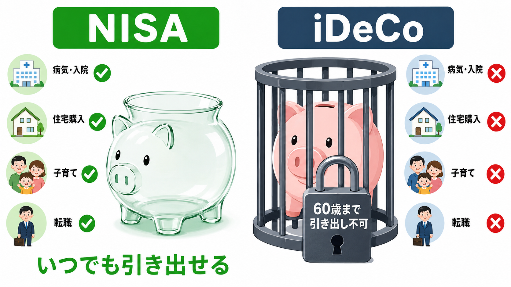 NISAとiDeCoの流動性比較：NISAはいつでも引き出せるがiDeCoは60歳まで引き出し不可。病気・住宅購入・子育て・転職などのライフイベントへの対応力の違いを図解