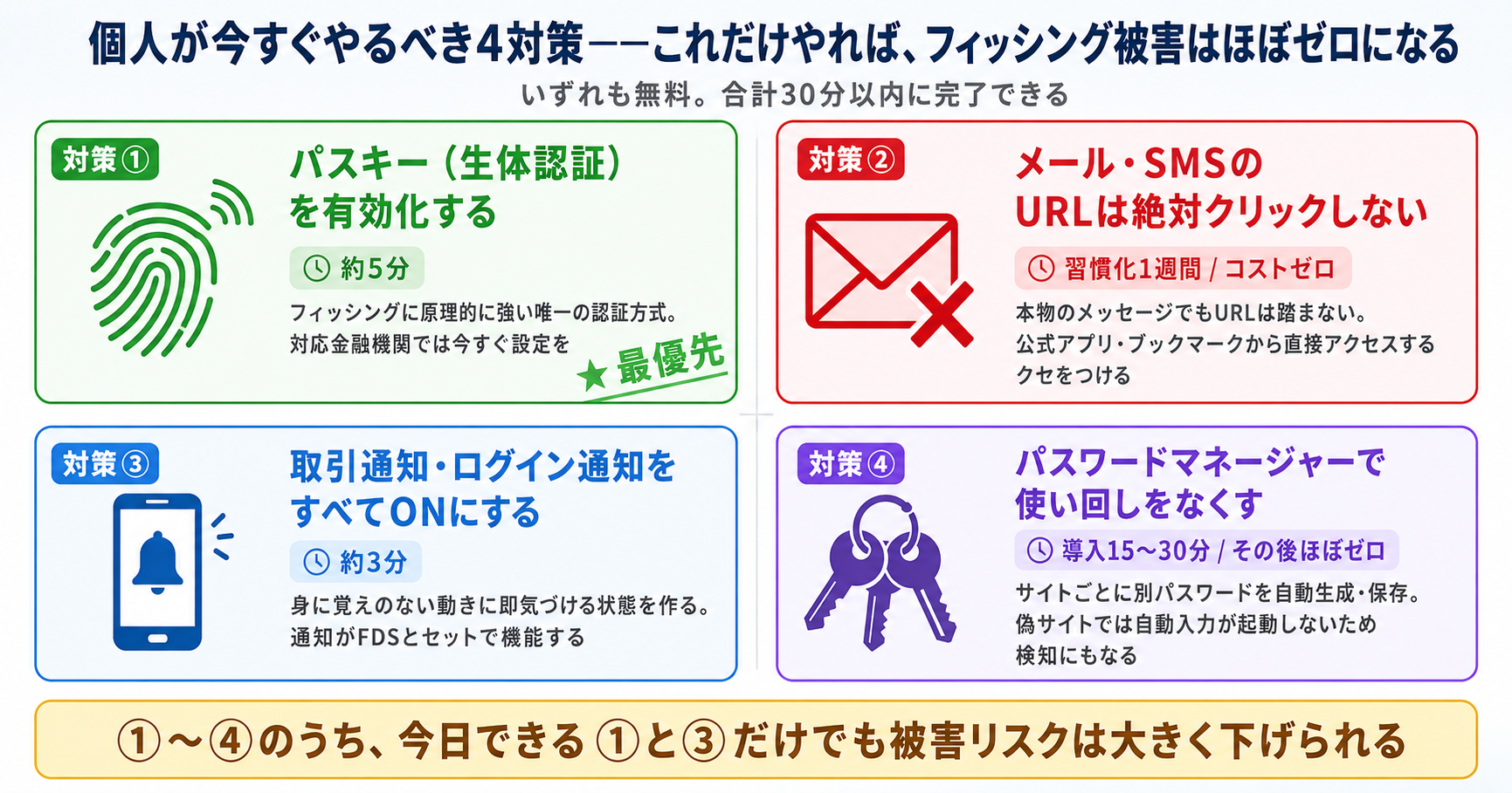個人が今すぐやるべき4対策：パスキー有効化・メールURLクリックしない・通知ON・パスワードマネージャー活用の概要チェックリスト