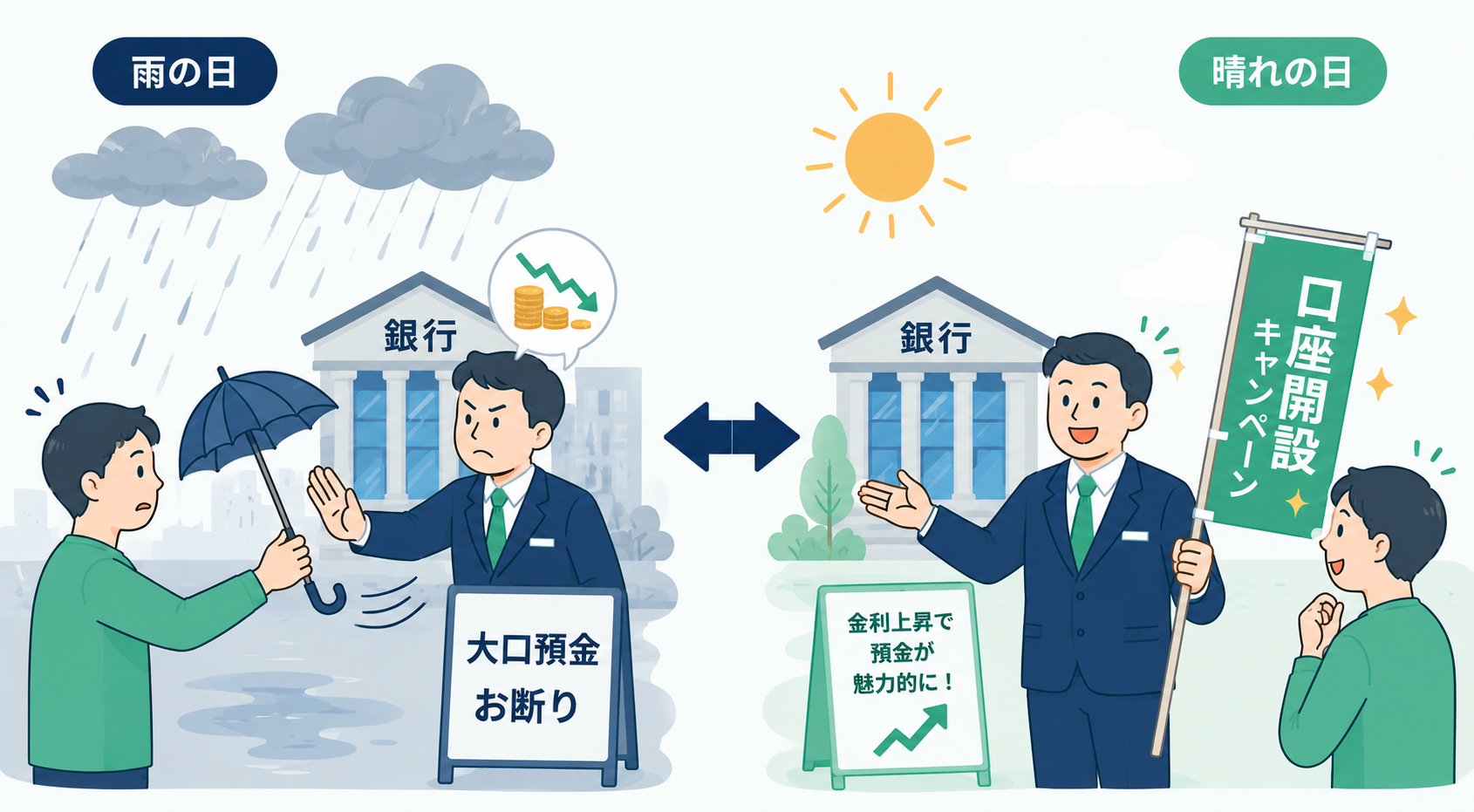 雨の日は預金を断り晴れの日は口座開設キャンペーンをする銀行の対比イラスト