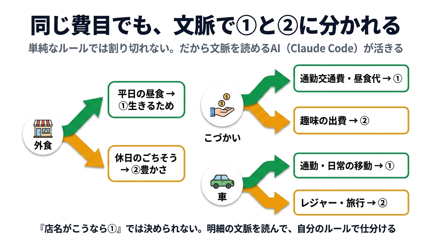 同じ費目でも文脈で①②に分かれることを示す図。外食は平日の昼食なら①生きるため・休日のごちそうなら②豊かさ。こづかいは通勤交通費や昼食代なら①・趣味の出費なら②。車は通勤や日常の移動なら①・レジャーや旅行なら②。店名だけでは決められず、明細の文脈を読んで自分のルールで仕分ける