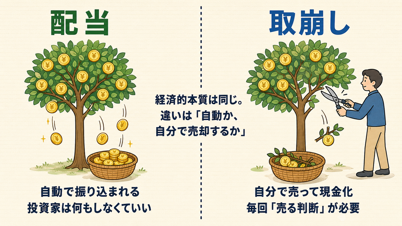 配当と取崩しの違いをお金の木で比喩。配当は果実が自動で落ちて投資家は何もしなくていい、取崩しは投資家自身がハサミで枝を切って現金化する
