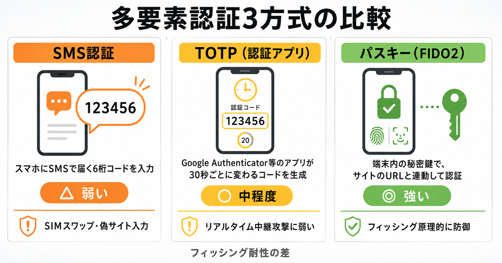 多要素認証3方式の比較：SMS認証・TOTP（認証アプリ）・パスキー（FIDO2）の仕組みと耐性レベル