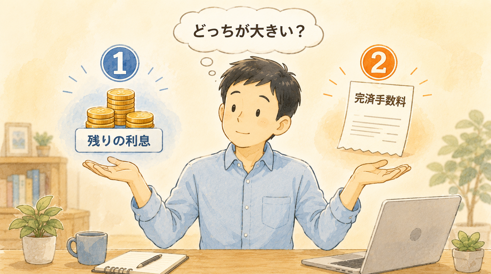 住宅ローンの全額繰り上げ返済を判断する前に確認すべき2つのポイント。①残りの利息の総額と②完済手数料を両手に載せて見比べる会社員のイラスト