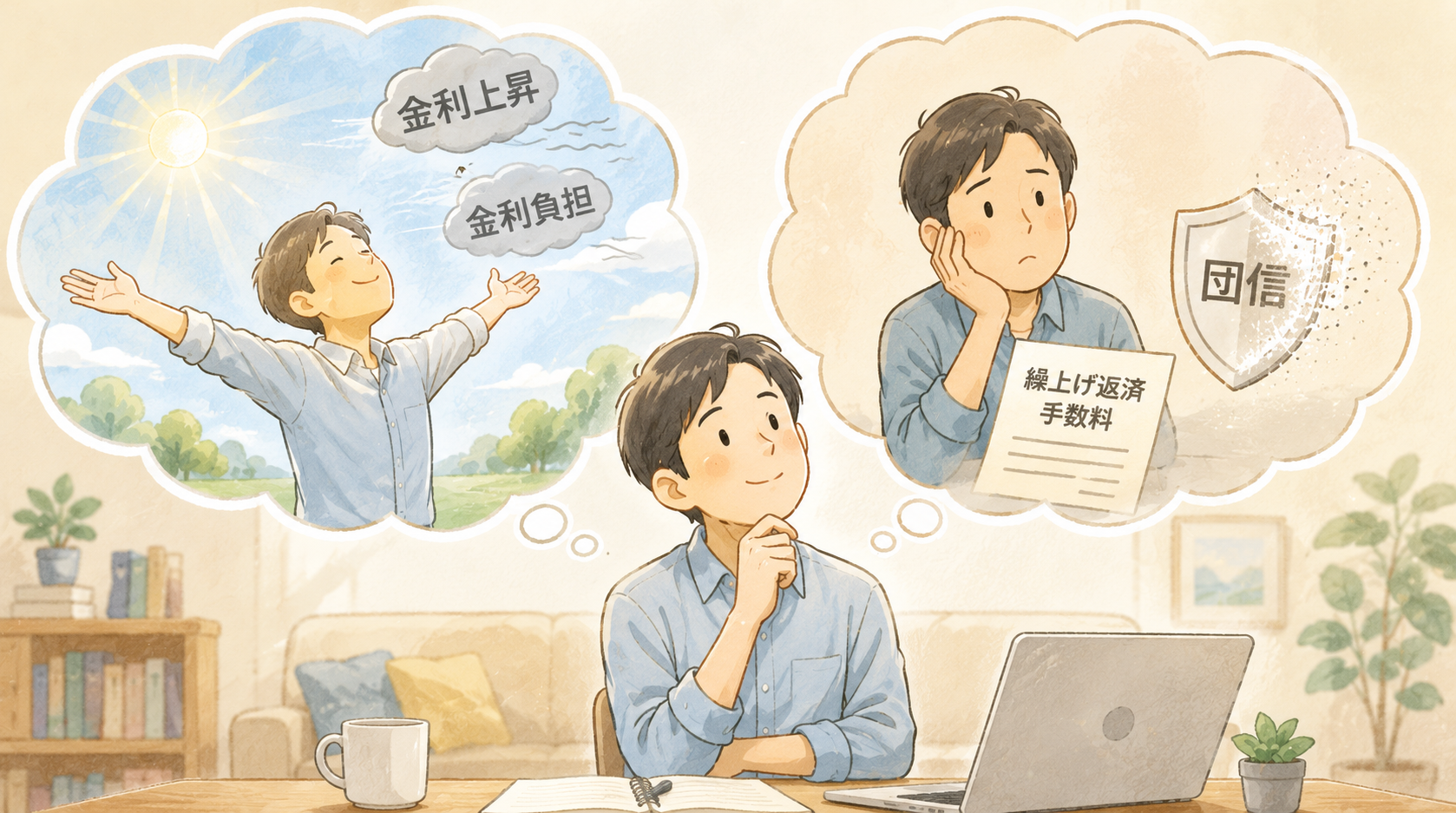 住宅ローンを全額繰り上げ返済するか一部にするか迷う会社員。全額返せば金利上昇の不安や金利負担が消えて気持ちが楽になる一方、繰上げ返済手数料と団信がなくなることが気になっている