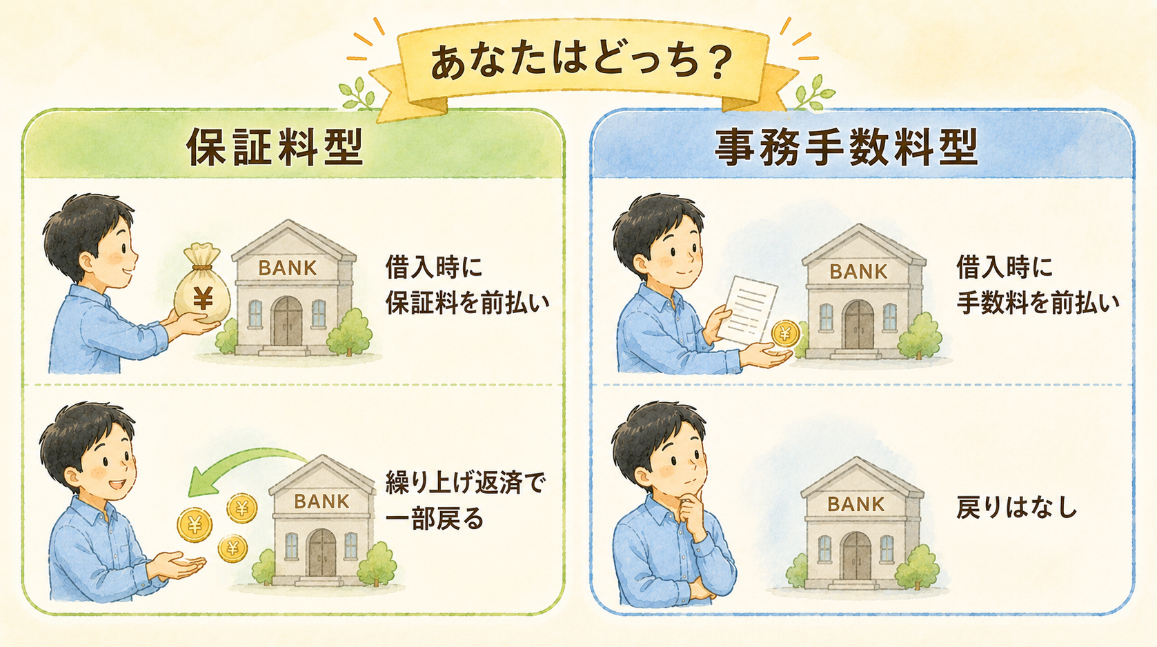 住宅ローンの保証料型と事務手数料型の対比イラスト。保証料型は借入時に保証料を前払いし繰り上げ返済で一部戻る。事務手数料型は借入時に手数料を前払いし戻りはなし