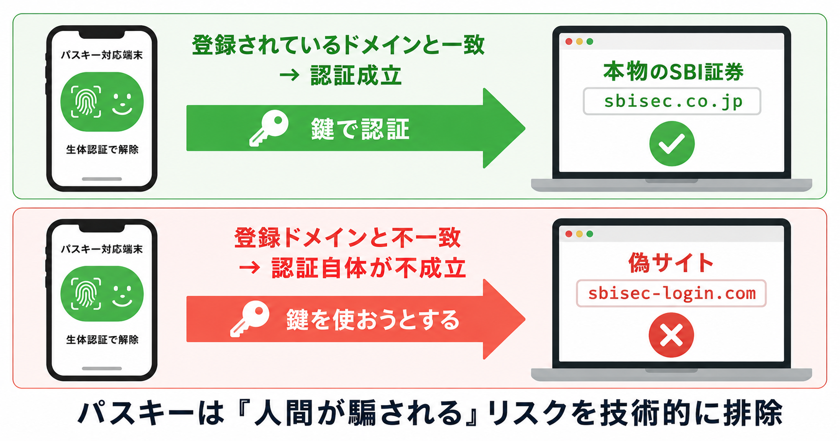 パスキー（FIDO2）がフィッシング攻撃に強い理由：ドメイン連動の暗号認証で偽サイトでは鍵が一致しない