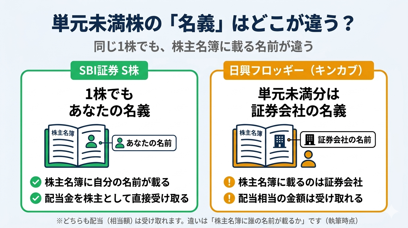 S株とキンカブの名義の違いの比較図。S株は1株でも株主名簿に自分の名前が載るのに対し、キンカブの単元未満分は証券会社名義になる