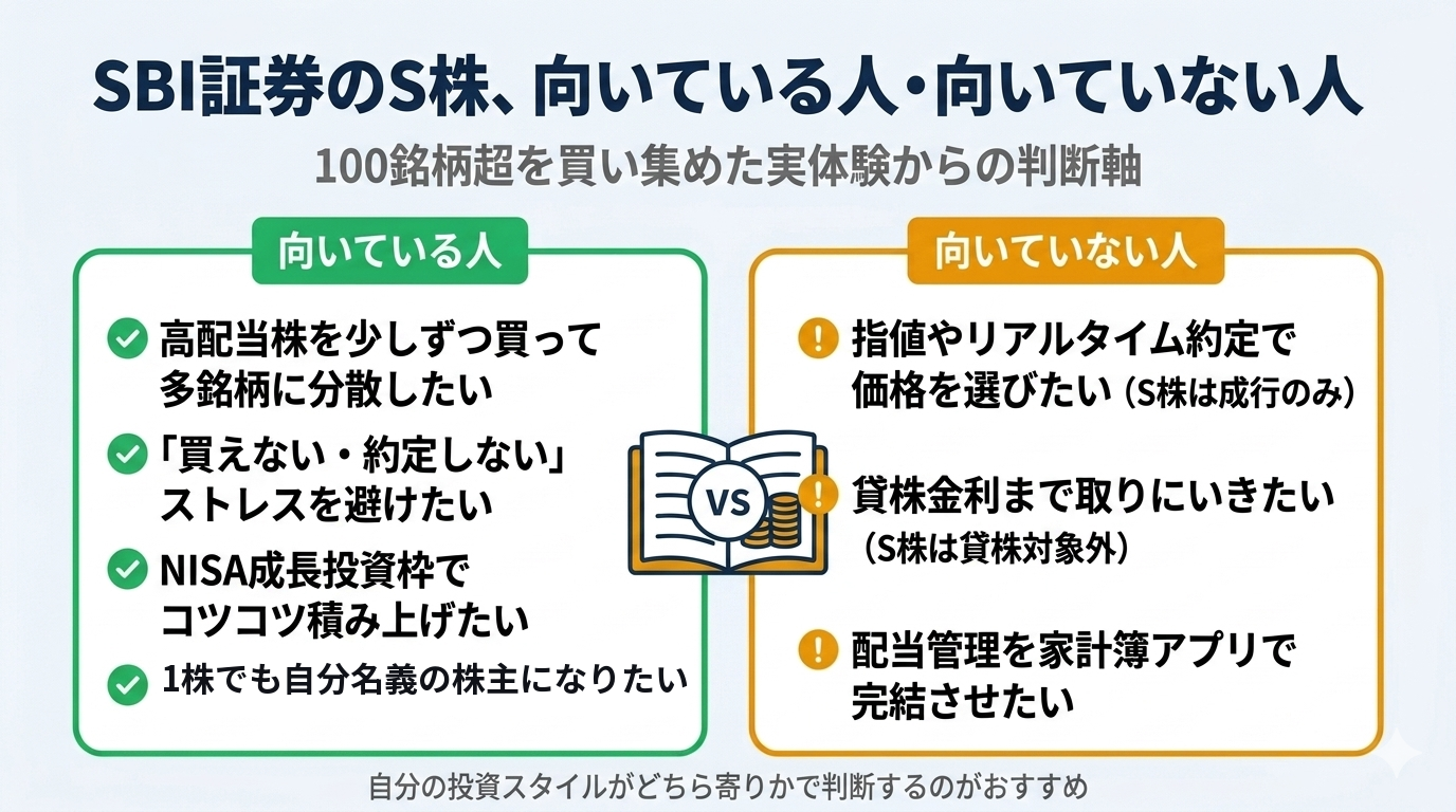 SBI証券のS株が向いている人と向いていない人の比較図。向いている人は多銘柄分散・NISAコツコツ積み上げ派、向いていない人は指値や貸株を重視する人