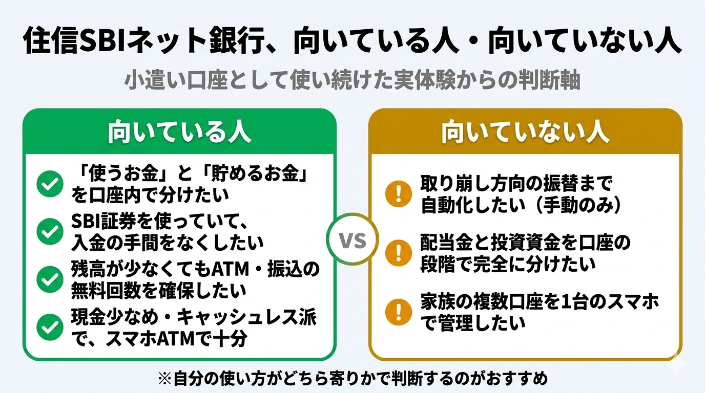 住信SBIネット銀行が向いている人と向いていない人の比較図。向いている人は口座内でお金を分けたい人やキャッシュレス派、向いていない人は取り崩しの自動化や配当金の完全分離を求める人