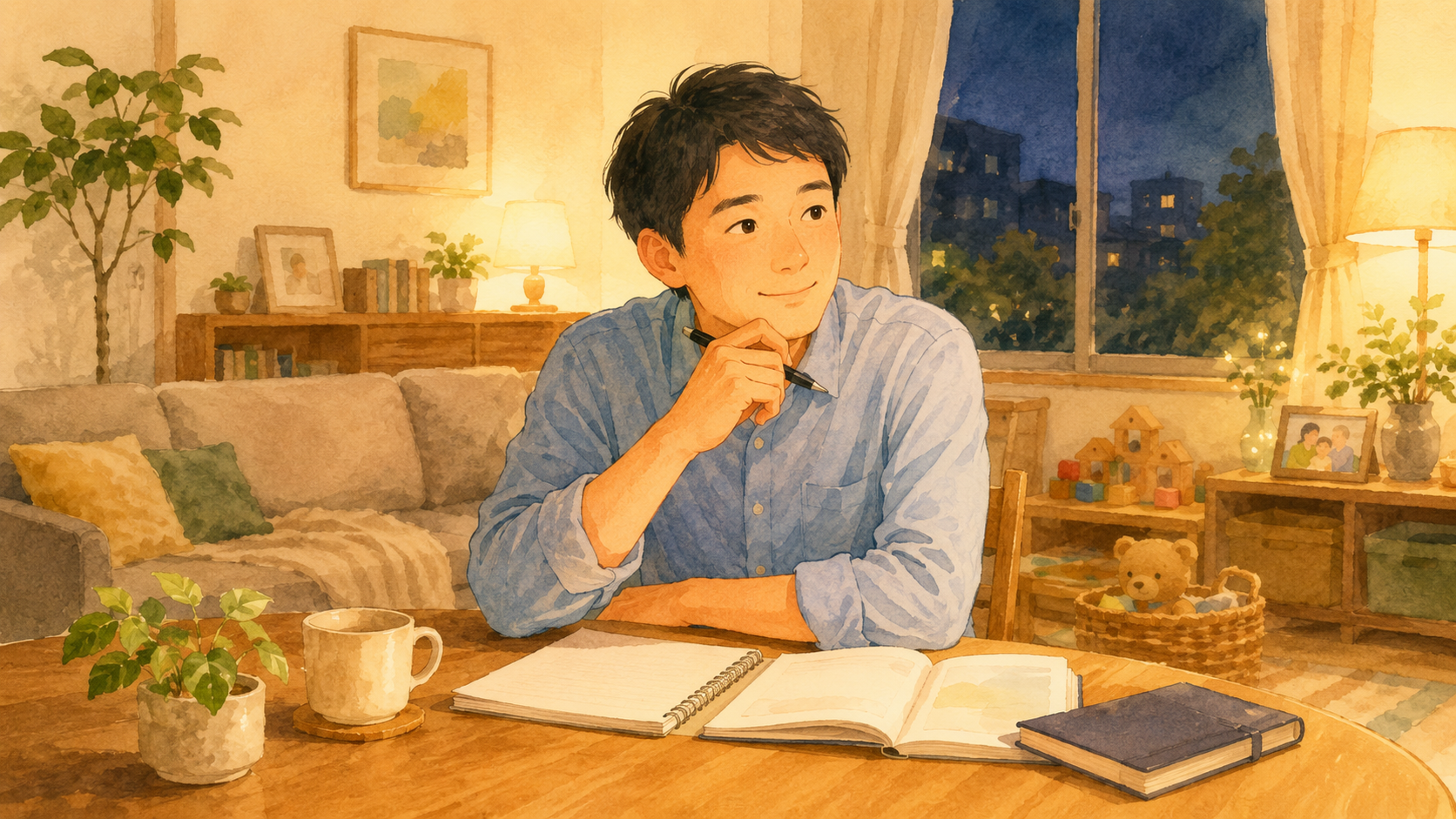 家計簿を前に、落ち着いた表情で医療費の備え方を考える30代会社員のイラスト