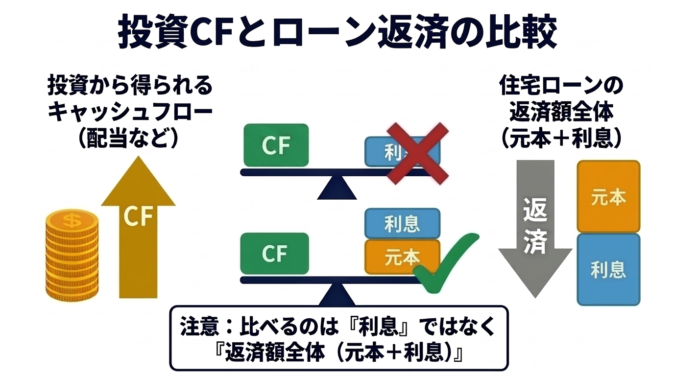 投資のキャッシュフロー（配当など）と比べる相手は、住宅ローンの利息ではなく返済全体（元本＋利息）。利息だけと比べると誤判断になる
