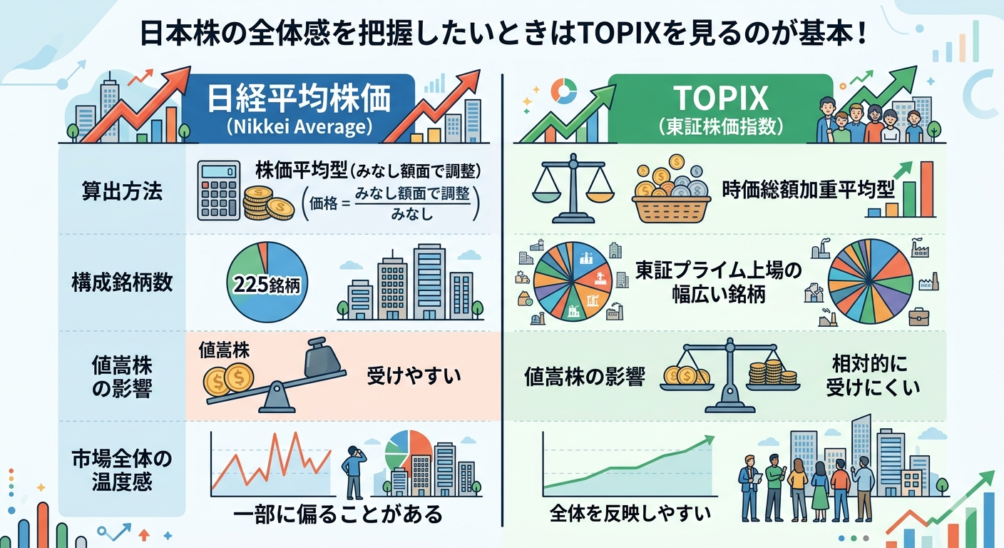 日経平均（株価平均型）とTOPIX（時価総額加重平均型）の算出方式の違い：値嵩株の影響度比較