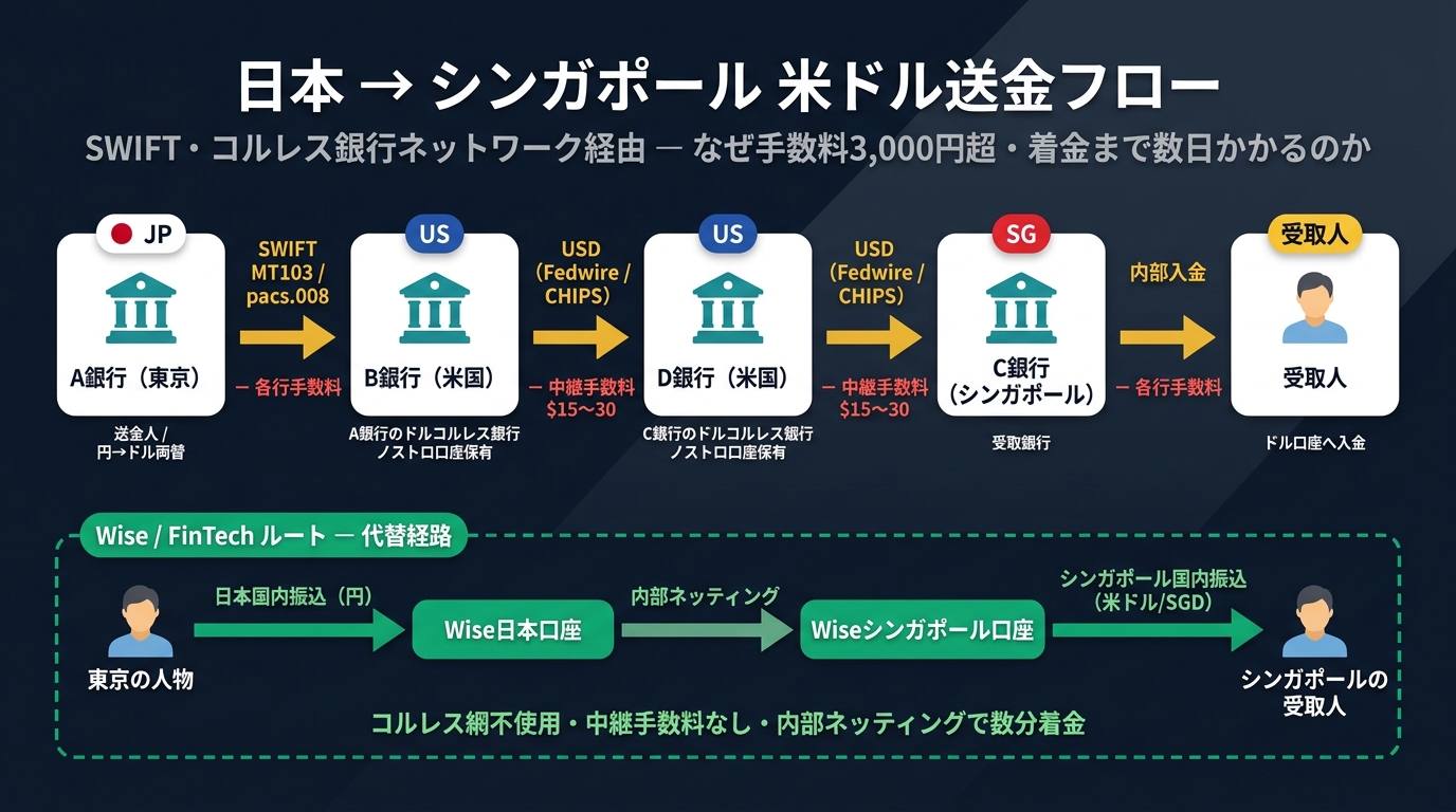 日本からシンガポールへの海外送金フロー（コルレス銀行経由・Wise代替ルート併記）