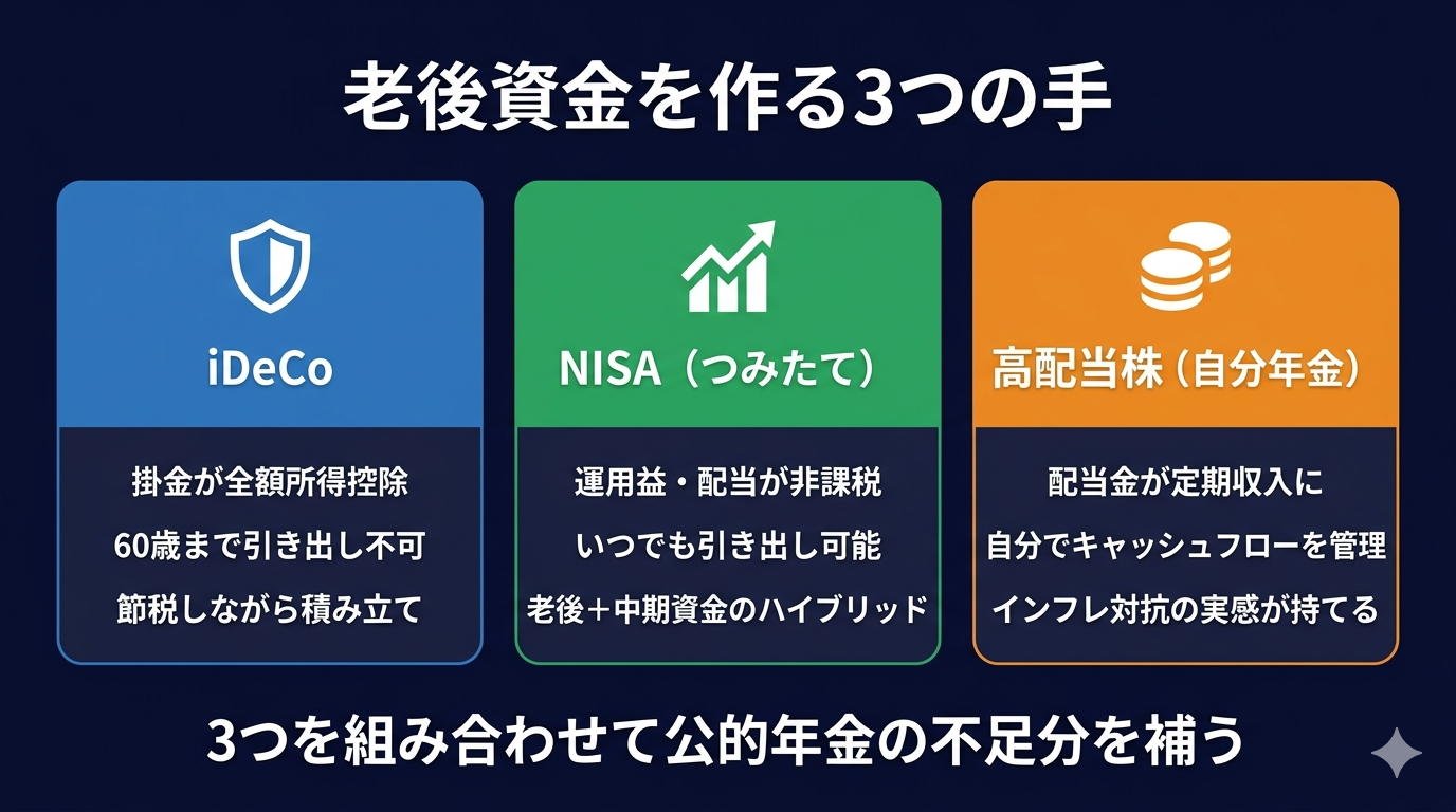 老後資金を作る3つの手：iDeCo・NISA・高配当株（自分年金）の比較