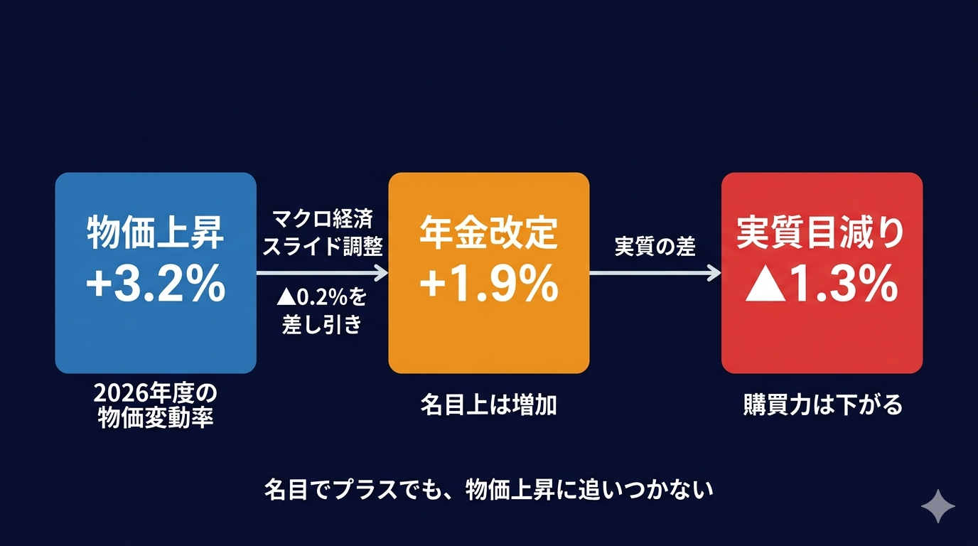 マクロ経済スライドの仕組み：物価+3.2%→年金+1.9%→実質▲1.3%