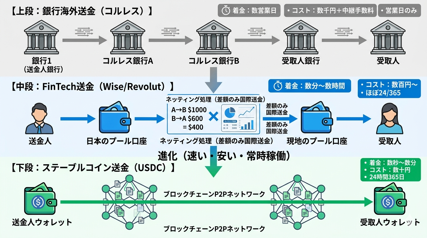 海外送金の3レイヤー比較：銀行（コルレス）→FinTech（ネッティング）→ステーブルコイン（P2P）という進化