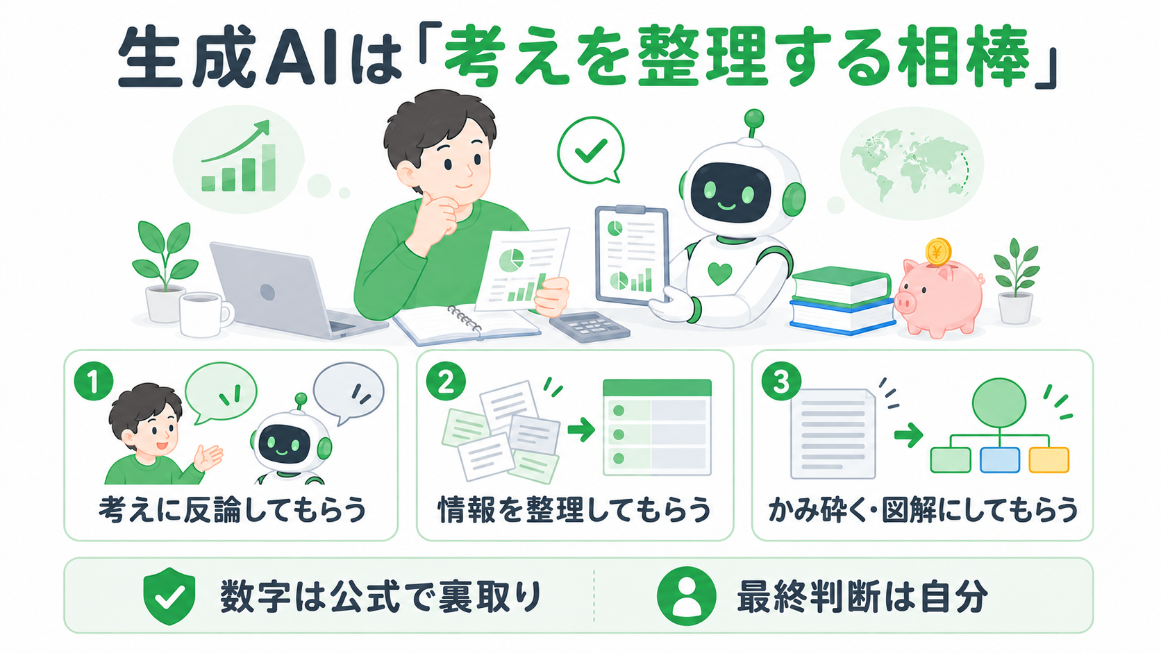 生成AIは「考えを整理する相棒」。緑の服の男性とロボットが机で資料を見ているイラストの下に、AIの使い方が左から順に3つ並ぶ。①考えに反論してもらう（吹き出しで意見を返してもらうイメージ）、②情報を整理してもらう（散らばったメモが表にまとまるイメージ）、③かみ砕く・図解にしてもらう（文章が図に変わるイメージ）。最下部の帯には「数字は公式で裏取り」「最終判断は自分」と書かれている
