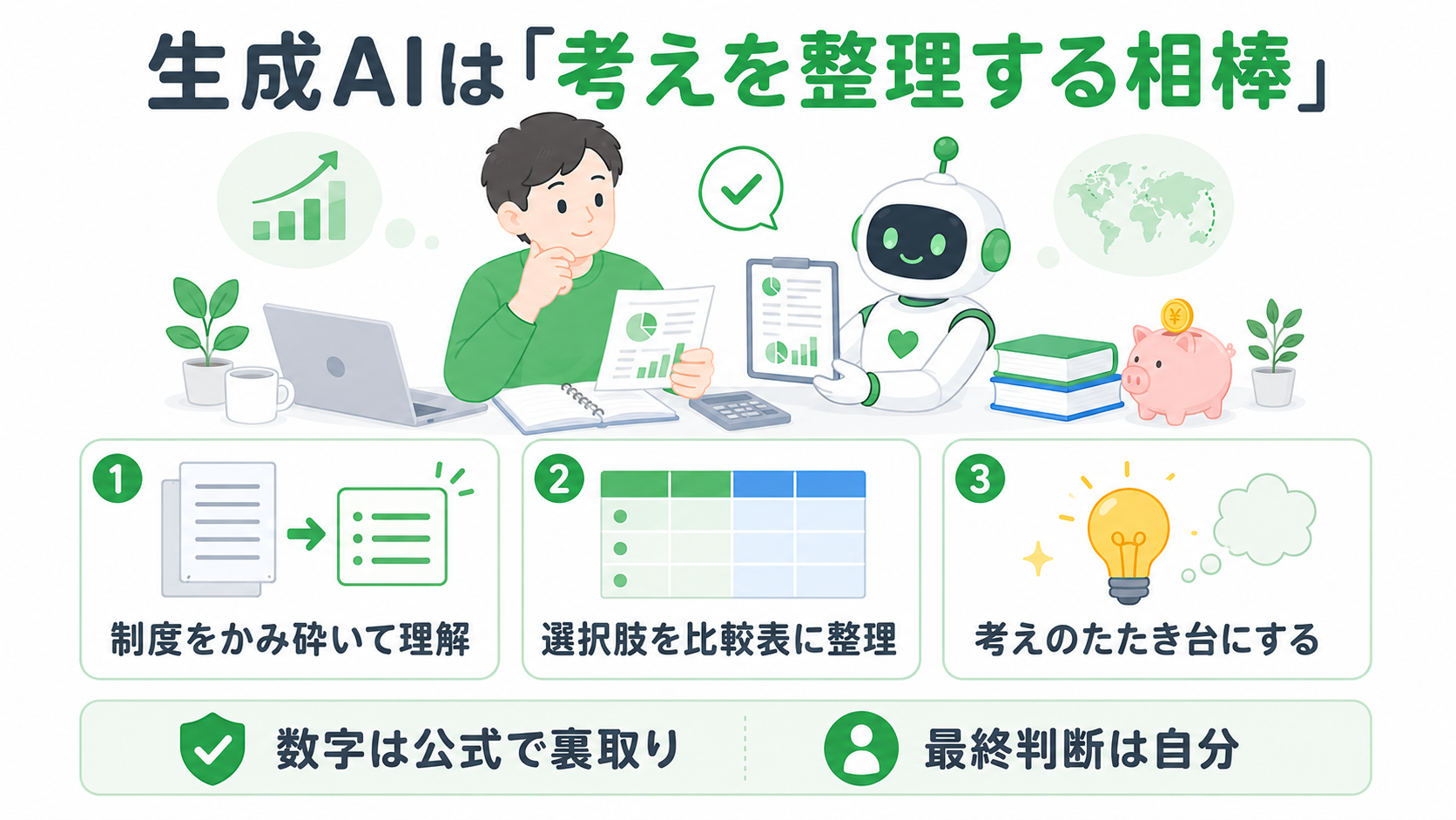 生成AIの正しい使い方。AIは「考えを整理する相棒」として、①制度をかみ砕いて理解②選択肢を比較表に整理③考えのたたき台にする、が得意。数字は公式で裏取りし、最終判断は自分で行う