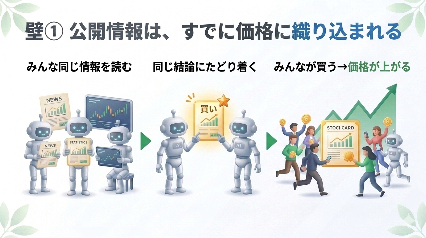 壁①：公開情報はすでに価格に織り込まれる。複数のAIが同じ情報から同じ銘柄を選び、皆が買って価格が上がるため、先回りの優位が残らないことを表した図