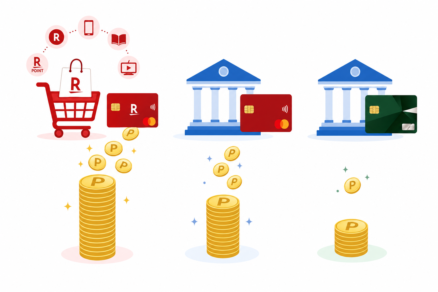 楽天経済圏フル・SBI+楽天カード・SBI+三井住友NLの3パターンのポイント比較イメージ