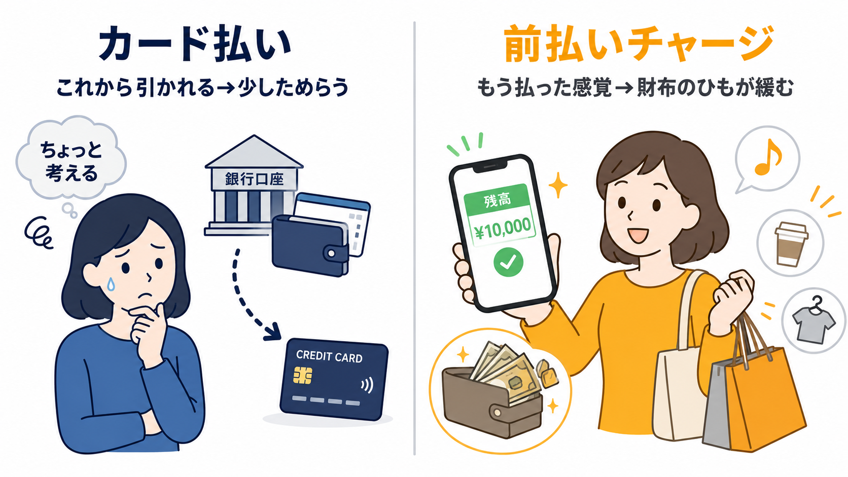 カード払いは「これから引かれる」ので少しためらうが、前払いチャージは「もう払った感覚」になり財布のひもが緩む、という心理の対比図
