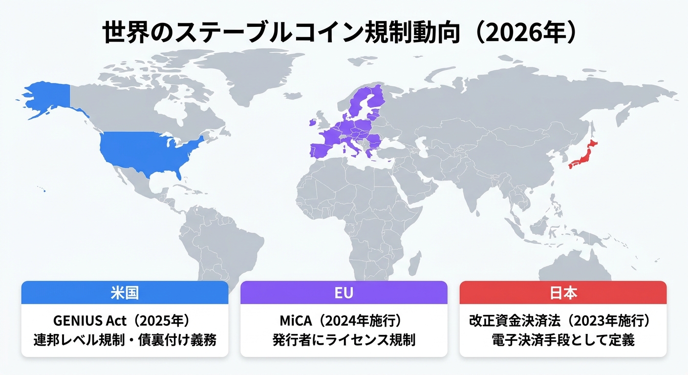 世界のステーブルコイン規制動向（2026年）：米国 GENIUS Act・EU MiCA・日本 改正資金決済法の三極を示す地図