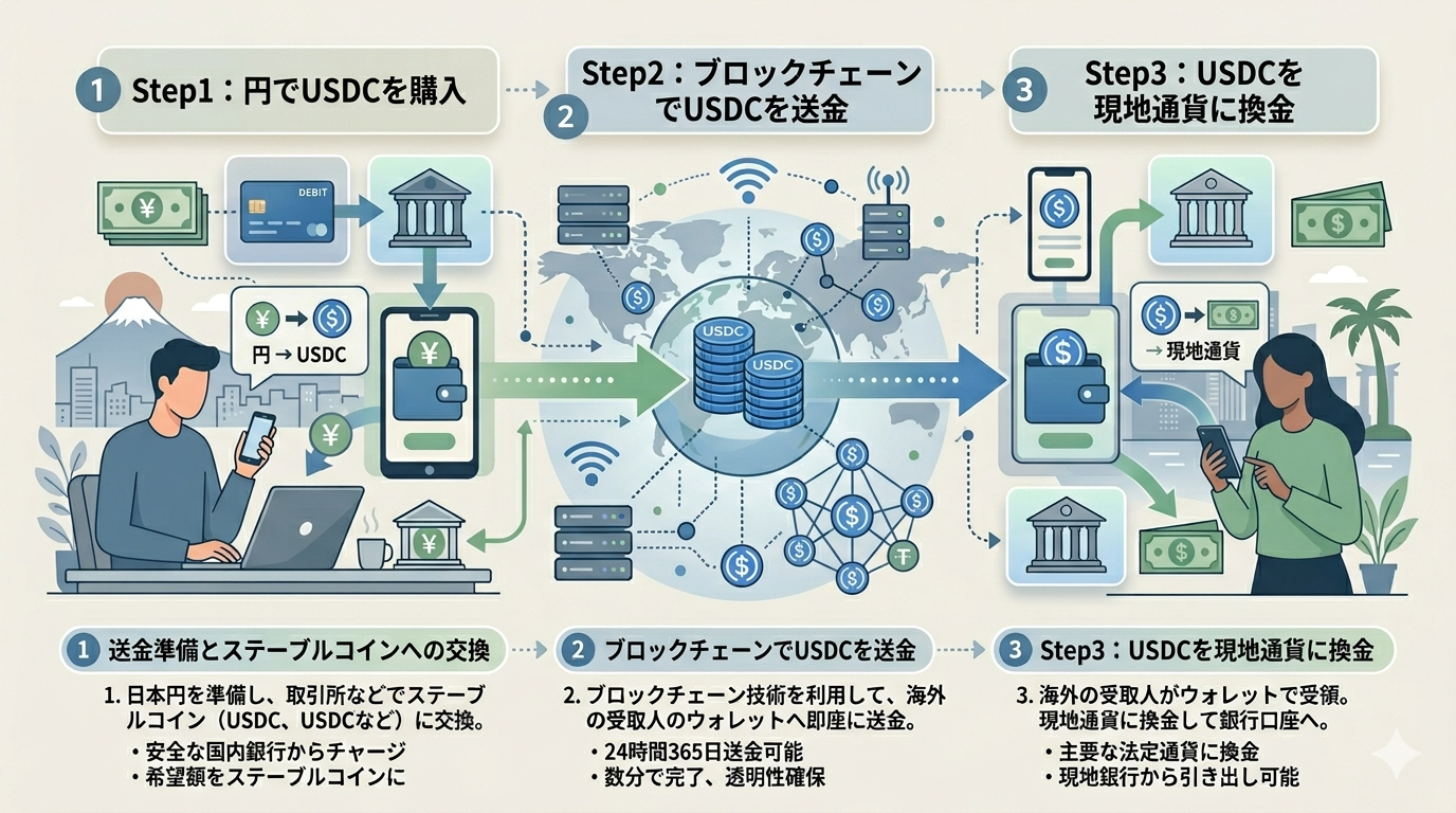 ステーブルコインによる国際送金の3ステップ：送金人が円をUSDCに交換→ブロックチェーン転送→受取人がUSDCを現地通貨に換金