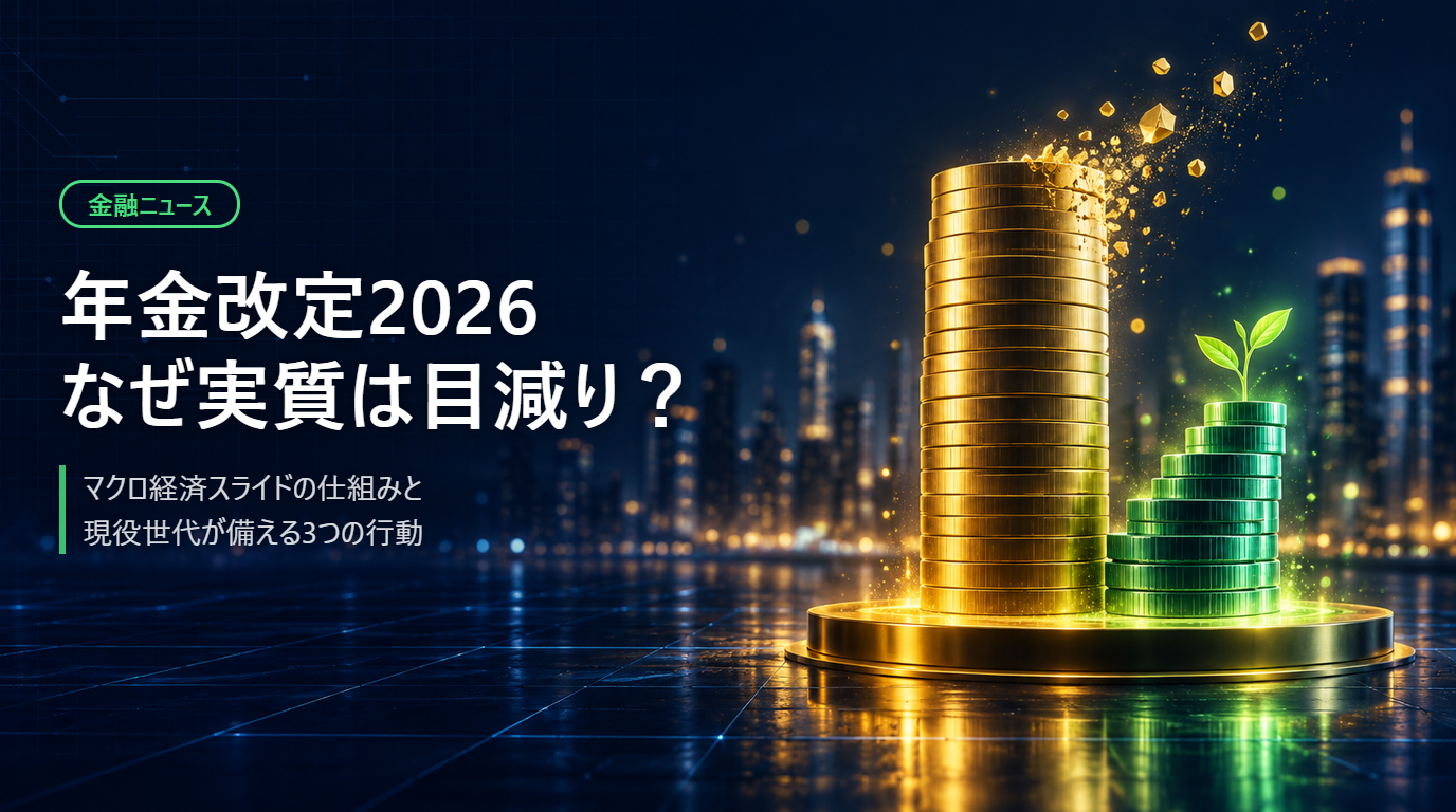 年金改定2026 なぜ実質は目減り？ 削れていく金色の硬貨の柱と、苗が育つ緑の硬貨の塔が並ぶイメージ