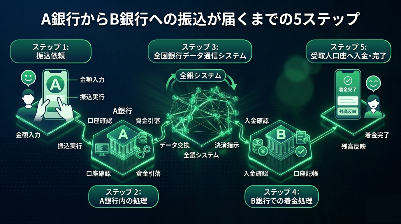 A銀行からB銀行への振込5ステップの流れ図